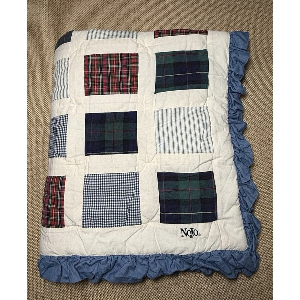 Nojo Plaid Patchwork Baby Blanket Crib Vtg‎ Bedding Nursery Chambray Ruffle